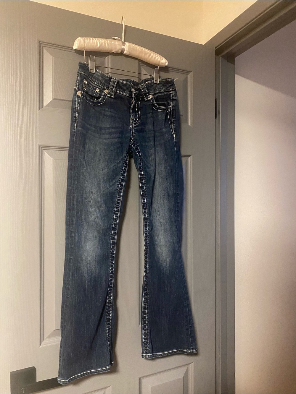 Miss Me Dark Blue Flare Jeans with Contrast Stitching